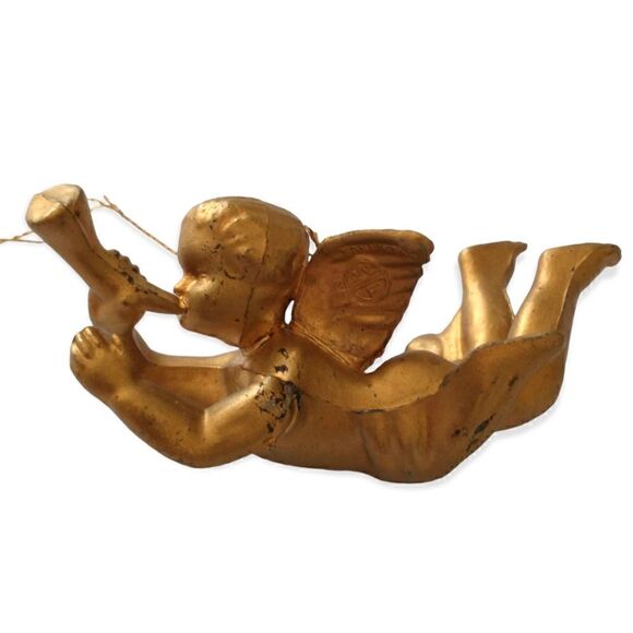 Cherub Angel Christmas Ornament Gold Plastic Vtg 70s WF Winged Trumpet Hong Kong - Picture 8 of 15